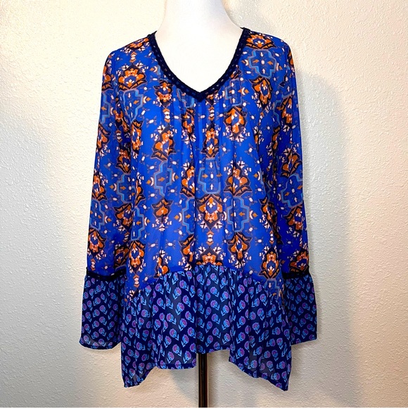 Red Camel Tops - Red Camel Long Sleeve V-neck Flowy Top Blouse with Lace and Gathers